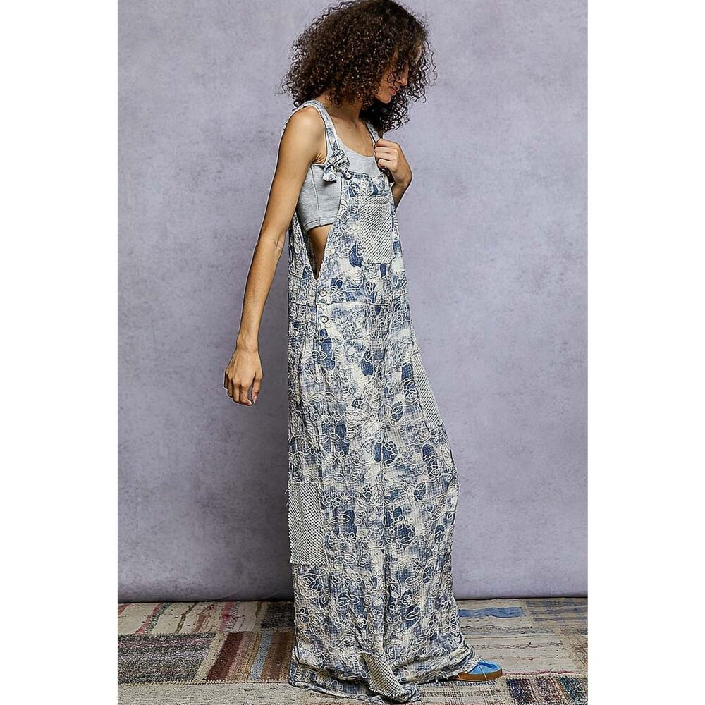 "Daisy Chain" Floral Embroidered Overalls in Blue - Picture 3 of 4